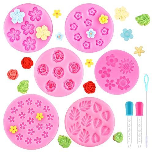 WATUNID 6 Stück 3D Fondant Blumen Silikonform mit 2 Tropfern, Pinsel | 6 Silikonformen Blumen, mit 2 Tropfern, Pinsel, lebensmittelechtes Silikon, -40°C~220°C, antihaft, flexibel, leicht löslich