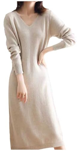Robe longue en tricot de laine à manches longues et col en V pour femmes de style français, robe longue superposée pour l'hiver, robe maxi décontractée, chaude et confortable avec paillettes pour