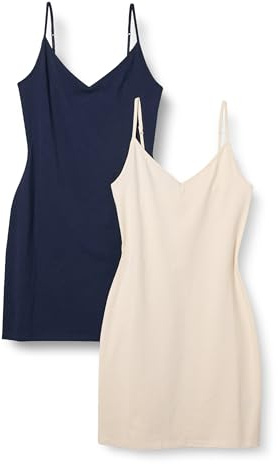 Amazon Essentials Abito Sottoveste A Strati in Cotone Slim Fit Donna, Pacco da 2, Beige/Blu Marino, M