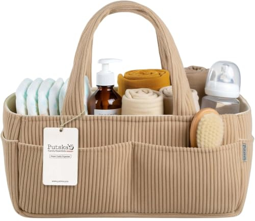 PUTSKA Baby Diaper Caddy Organizer for Changing Table – Stylish Nursery Storage Basket, Newborn Essentials, Baby Shower Gifts and Registry Must-Haves for Boy or Girl, Car Diaper Caddy, Corduroy Mocha