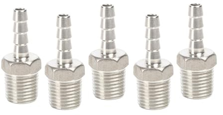QiiMii Stainless Steel 304 Male Threaded Barb Hose Pipe Fitting Tail Connector with Thread Adaptor DFE Tail Pipe 1/4 x6MM， 5 Pack