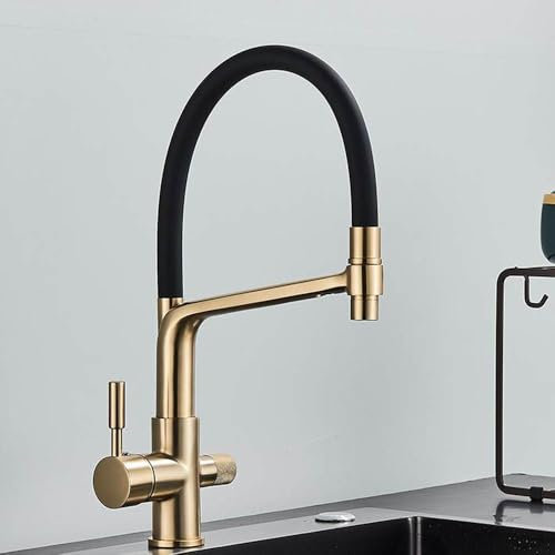Grifo de cocina dorado cepillado con filtro de agua pura, mezclador con grúa de doble manija, grifo de purificación desplegable para cocina, grifo de agua fría y caliente, dorado