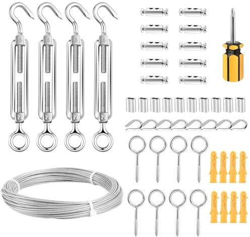 ACESOME Drahtsei Mit PVC-Stiefel, Seilspanner Edelstahl 3mm, Edelstahlseil Spanndraht Stahlseil mit ösen, 304 Edelstahl Drahtseil Seilspanngarnitur Mit Montagezubehör (Silber, 20m)
