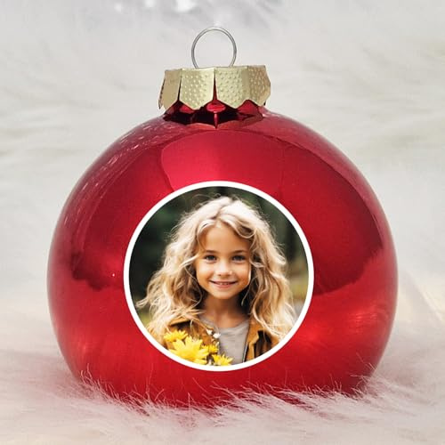 Deine personalisierte Weihnachtskugel | Christbaumkugel mit eigenem Foto und individuellem Wunschnamen, Echtglas 8 cm (01_Rot, 1 Seitig (Nur Foto))