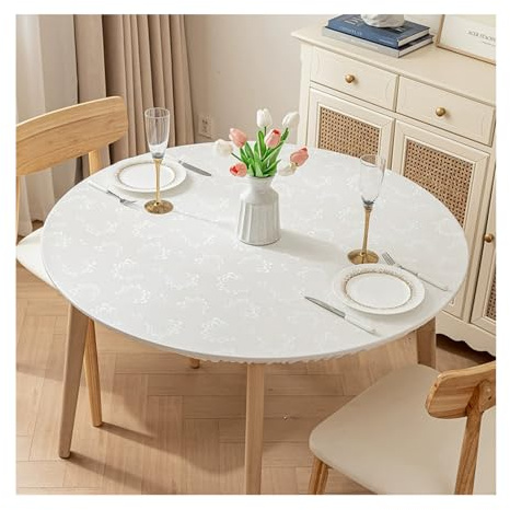 CIEEIN CIEHT Cubremesa Redondo con elástico Impermeable y Antideslizante Fácil de Limpiar Puede Utilizarse en Interiores y Exteriores Blanco 60cm de diámetro