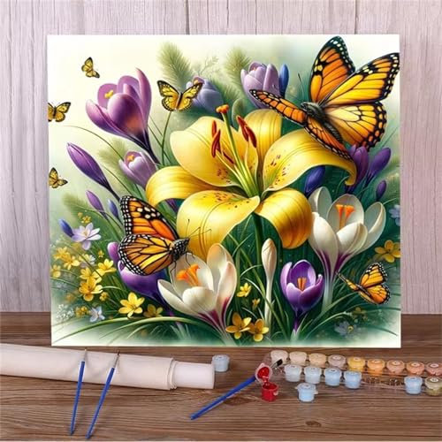 Malen Nach Zahlen Erwachsene,DIY Gelber Lilien-Schmetterling Paint by Numbers Kit mit Pinseln und Acrylfarben Handgemalt Ölgemälde Leinwand für Home Decor Mit Rahmen - 30x30cm