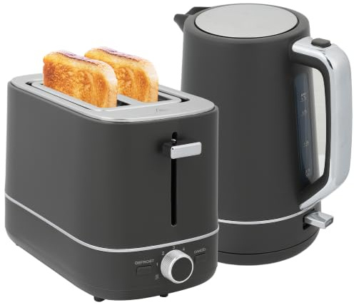 HOMCOM Kettle and Toaster Set, Fast Boil Kettle, 2-Slice Toaster, Grey | Kitchen Set, 1.7L 3000W, 6 Level Browning Controls, Defrost, Reheat