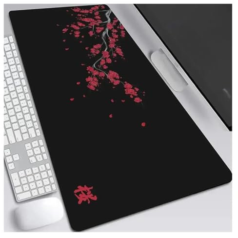 HUANGSHIJUNOUS Kirschblüten-Mauspad, XXL, grau, for Laptops, Gaming, Schreibtischunterlage, Sakura-Mauspad, Anime-Büro-Teppich, Gamer-Tastatur, Computer-Schreibtische(Black-6,400X700X2MM)