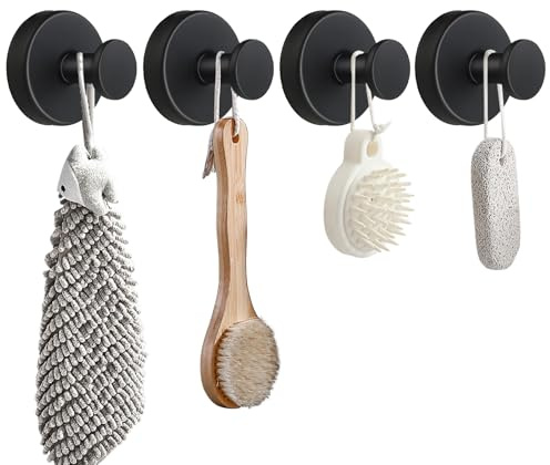 Elfinfi Gancho Ventosa, 4 Piezas Toallero Ventosa, De Múltiples Fines Acero Inoxidable Colgador Toalla Baño, Adecuado para Baño, Cocina, Exterior (Negro)
