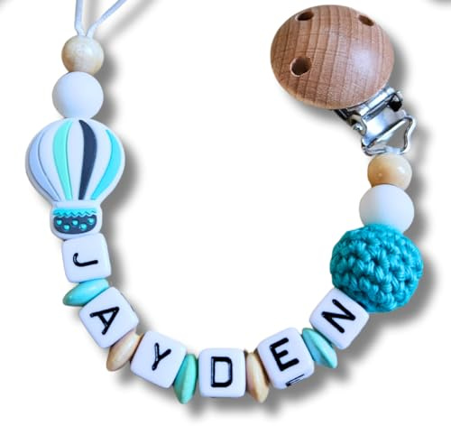 Personalisiertes Baby Geschenk, Mädchen/Junge, Schnullerkettchen mit Name, Schnullerband, verschiedene Farb-Varianten (Ballon-Türkis)