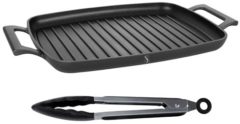 Stone&Stone Sartén parrilla antiadherente 47 cm | Parrilla rectangular plancha profesional | Fondo de inducción 100% acero | Horno y gas | Cocina sana sin aceite revestimiento alemán Greblon C3+