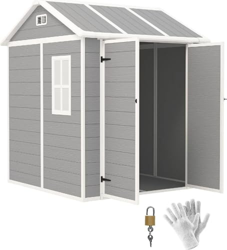 DecHome - Casetta da Giardino in Resina con Pavimento, 2 Porte con Blocco Finestra 1.8x1.8m colore Grigio