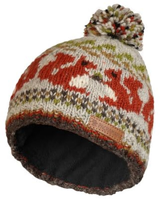Pachamama Wollmütze für Damen, mit Bommel, Sherpa-Fleece, gefüttert, handgestrickt, gestreift, rotes Eichhörnchenmuster, Einheitsgröße, handgefertigt, extra warm, Fair Trade