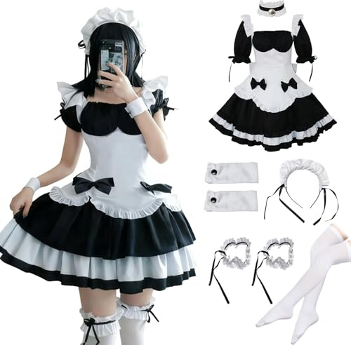 MeYuxg Maid klänning, Anime Fransk Maid-klänning, svart maskeradkostym med vita strumpor, söt flicka cosplay klänning, slips volangrosett för flickor, halloween, karneval, rollspel (M)