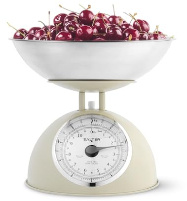 Salter Bilancia da Cucina Meccanica Senza Tempo – Ciotola da 2L Lavabile in Lavastoviglie, Quadranti Facili da Leggere, Cifre Grandi, Senza Batterie, Design Retrò, 5kg, Pesa Ingredienti, Crema