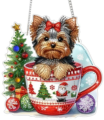 Bowetile Diamond Painting Anhänger Hund Weihnachtsbäumen, Weihnachten Diamond Painting Fensterbilder für Erwachsene, Kinder Hängende Ornament Motive Bastelset für Wand Fenster Garten, Decor Geschenk
