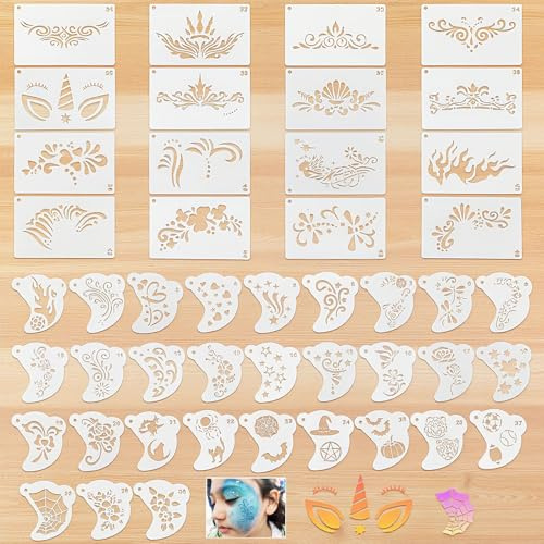 FrostyFlair Make-up-Schablonen-Set für Kinder, 46 Stück, wiederverwendbar, für Make-up, Tattoo-Schablonen, Gesichtsbemalung, Schablonen für Kinder