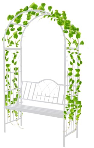 Metal Garden Arch with Bench, 210cm Rose Arch for Climbing Plants, Outdoor Garden Arbor Decoration, White Pergola Seat for 2 People.
