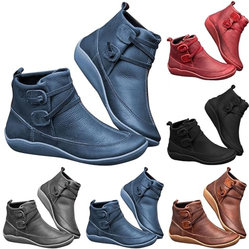 Stövletter dam, vattentäta höst, ankelstövlar, ortopediska läderstövlar, halkfria vinterstövlar, slip-on, ankelskor, vintage, kort skaft, kängor, PU-läder, cowboystövlar, röd, 40 EU