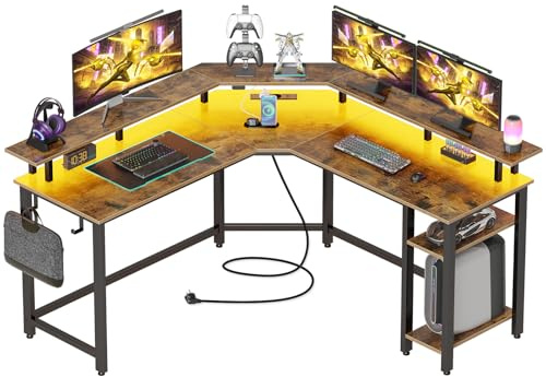 Rolanstar Computertisch L Form mit RGB & Steckdosen, Reversibler Eckschreibtisch Gaming Tisch mit Ablagefläche & 2 Haken, Computertisch für Büro Arbeitszimmer Schlafzimmer(Vintagebraun,137cm)