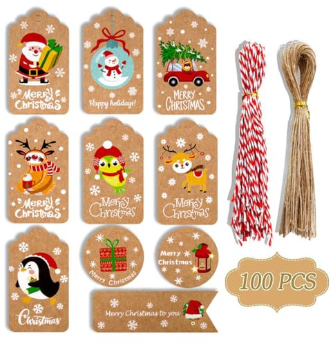 100 Stück Weihnachtsanhänger mit Schnur, Geschenkanhänger Weihnachten Kraftpapier, Anhänger Geschenk, Kraftpapier Etiketten Weihnachten, Geschenkanhänger, für Geschenktüten (B)