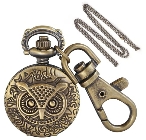 Tiong Brown owl Men's Quartz Pocket Watch, Vintage Souvenir Gift Keychain and Chain Dual-Purpose Pocket Watch
