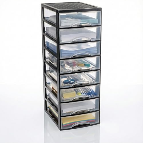 Hausfelder Schubladenbox A4, 8 Schubladen, Schwarz Transparent