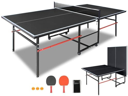 IUNNDS Portable Table Tennis Table 4.5/6/8/9FT Foldable Ping Pong Game Set for Indoor with Net and Post Set, 2 Paddles and 3 Balls (Black-8FT)
