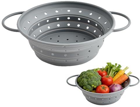 JURENEE Passoire Pliable Rond Gris, Passoire Cuisine Pliable en Silicone, Collapsible Strainer de Fruits pour Camping Extérieur, Simple et Pratique, Adapté aux Pâtes, aux Fruits et aux Légumes