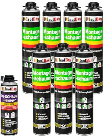 Isolbau Bauschaum-Set - Inkl. 7 x 1K Montageschaum B2 Pistolenschaum mit hervorragender Schall und Wärmedämmung (je 750 ml) & 1 x PU-Schaum-Reiniger (500 ml), Dämmen