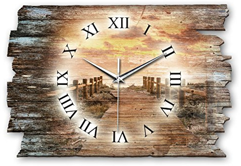 Kreative Feder Designer Wanduhr Steg Sonnenuntergang aus Holz Größe 40x27cm - Funkuhr im Landhaus-Stil Shabby-Style Made in Germany leise ohne Ticken (Steg, leises Funkuhrwerk)