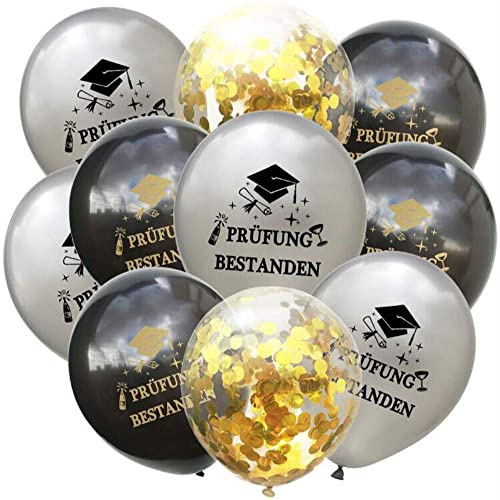 Oblique Unique 10x Luftballons Prüfung Bestanden Set - Deko & Geschenk für Abschluss Abitur Studium Führerschein Ausbildung - Konfetti Ballons Helium geeignet - Schwarz Silber & Gold