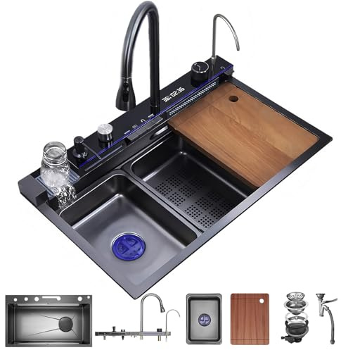 KOOGIMDDR 80x50cm Évier de Cuisine en Acier Inoxydable Multifonction - 2 Cascades pour Lavabo, Robinet Extractible, Grand Lavabo de Cuisine, avec Distributeur de Savon, avec Accessoires pour