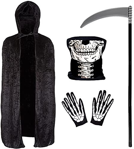 Sensenmann Kostüm Erwachsene 4 Teile - Schwarzer Umhang mit Kapuze, Sense, Skelett Maske & Skelett Handschuhe – Horror Kostüm, Vampir Umhang – Halloween Kostüm Männer und Frauen