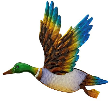 Creekwood Animal Glass/Metal Garden Wall Art Decoration, Duck Mallard, (W25.5 x H28.5 cm), Gold/Blue, 43187