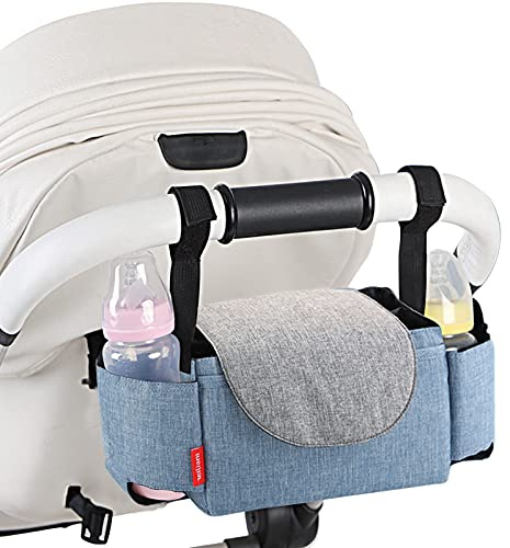 jiuzcare Kinderwagen Organizer Kinderwagentasche Baby Zubehör mit Reißverschlusstasche Getränkehalter Flaschenhalter Aufbewahrungstasche Buggy Bag Universal Aufbewahrungstasch Stroller Organizer, Blau