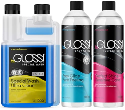 Latex Pflege Komplett Set 3 x 1000 ML - Easy Glide - Perfect Shine - Special Wash Latex - Silikon Öl Gummi Silicon Anziehhilfe Waschmittel