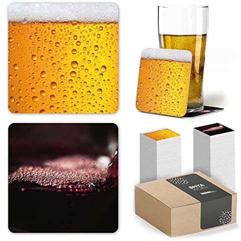 100 Posavasos de Cartón Originales, Decorativos y Absorbentes Bebidas y Líquidos. Portavasos para Mesa con Efectos de Acabado 10 x 10 cm y 1,4 mm Espesor. (Efecto Wine & Beer Cuadrado, 100)