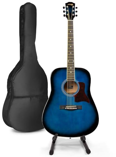 MAX SoloJam Westerngitarre, Akustik Gitarre Set, Acoustic Guitar, Akustikgitarre 4/4 mit Tasche, Gitarrenständer, Plektrum, Stimmgerät, Schultergurt, Stahlsaiten, Anfängergitarre - Blau