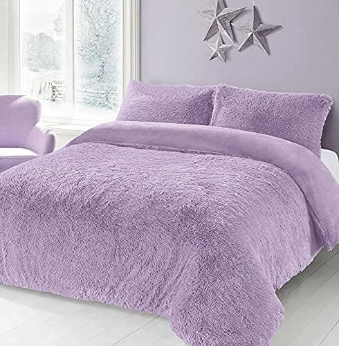 HOMES-LINEN Teddy Bear Fleece Long Fur Cuddles Alaska Luxury Duvet Cover Set Warm Cosy Soft Teddy Bedding Set (Lilac, Double)