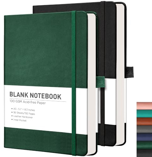 RETTACY A5 Blanko-Notizbuch, 2er-Pack, 384 Seiten, blanko, Tagebuch-Set, 100 g/m² dickes Papier, Leder-Hardcover, Skizzenbuch & Notizblock für Büro, Schule & Reisen, 14,5 x 21 cm, Schwarz & Dunkelgrün