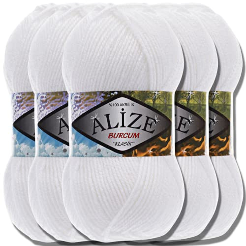 Hobby YARN 3x Etikettenlabel mit Alize Burcum Klasik Wolle Premium 5x100g als Set, Yarn, Garn, Strickgarn, Farbverlauf, Babywolle zum Häkeln, Stricken, Kleidung, Schals (White - 55)