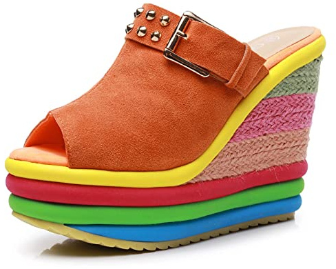 SJASD Sandales Femme été Compensees,Bout Ouvert Poisson Bouche Chaussures de Plage décontracté,Couleur Chaussures en Paille,Sandales à Plate-Forme Talons Hauts,Confortables Muller Sandales