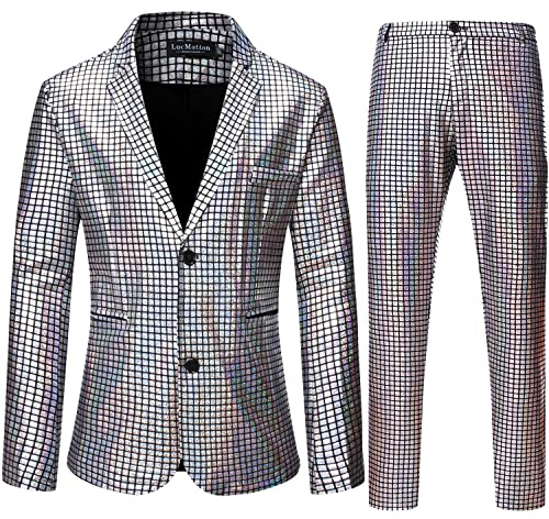LucMatton Herren 2-teiliges Disco-Set, glänzende Jacke und Hose, metallische Pailletten, silber, XL