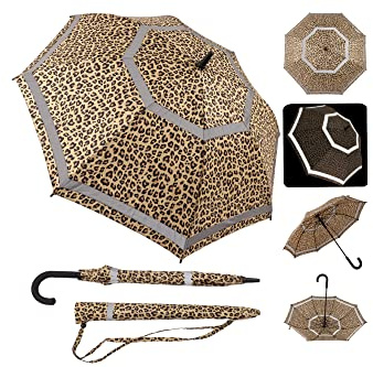 Quick Safety® Stockschirm Automatik-Regenschirm für Damen und Herren Sturmfest-360°Doppelt Reflektierend 105cm Ø Unisex-Design. Leopard Gold
