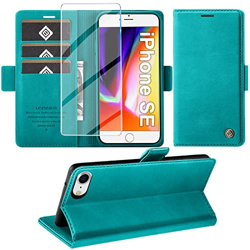 Giyer Handyhülle für iPhone SE 2022/2020 iPhone 8/7 Hülle mit Schutzfolie, Standfunktion Kartenfach Wallet Premium Leder Schutzhülle iPhone 7/8/SE 4.7 Zoll Flip Case Cover Stoßfeste Klapphülle (Cyan)