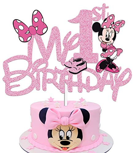 JUYRLE Pink 1 Year Old Cake Topper - My 1st Pink Mouse Cartoon Happy Party Decorations First Birthday Party Supplies Decor for Kids Girls Birthday Baby Shower