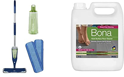 Bona Premium Spray Mop Set mit 850 ml Kartusche für Hartböden und extra Bona Mikrofaser-Pad & Stein-, Fliesen- und Laminatreiniger Nachfüllkanister 4 L, Bodenpflege für Hartböden