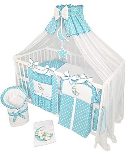 Bello24 - 14 Teiliges Kinderbettwäsche Babybettwäsche Komplettset ohne Bett Bestickt mit Teddybär auf dem Mond Azurblau (90x120 cm)