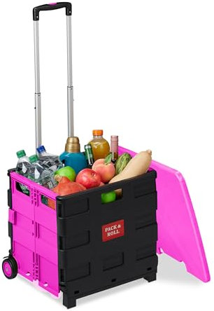 Relaxdays Einkaufstrolley, Klapptrolley mit Rollen & Deckel, Teleskopgriff, bis 35 kg, Faltbarer Trolley, pink/schwarz